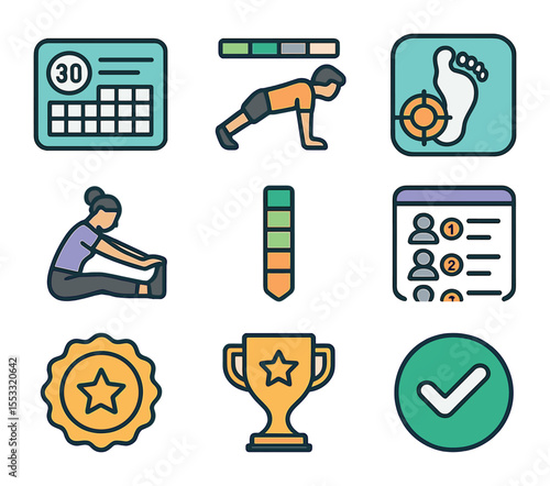Fitness Challenge Icons. Flat icon set of fitness challenges: 30-day challenge card, push-up tracker, steps