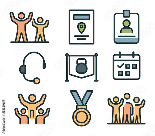 Fitness Event Icons. Flat icon set of fitness community events: group fitness class, local event flyer,