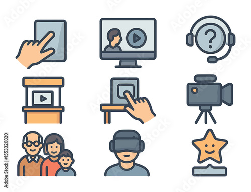 Product Demo Icons. Flat icon set of product demos for all ages: hands-on demo icon, tutorial video screen,