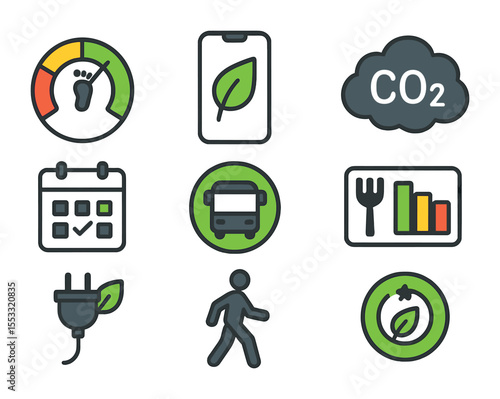 Eco Icon Collection. Flat icon set of personal carbon footprint tracking apps: carbon footprint meter,