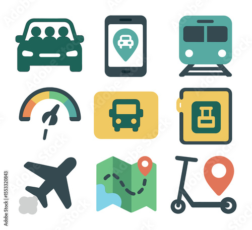 Sustainable Travel Icons. Flat icon set of sustainable travel logging tools: carpool symbol, ride-share app