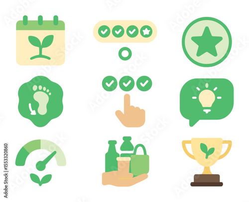 Eco Habit Icons. Flat icon set of habit-based carbon reduction: daily eco habit icon, streak tracker, green
