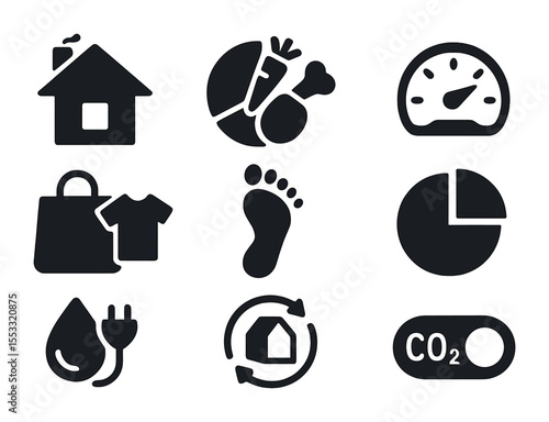 Emissions Icons Grid. Flat icon set of emissions categories overview: home energy icon, food and diet chart,