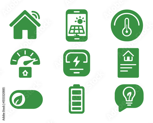 Green Tech Icon Set. Flat icon set of green tech integration: smart home icon, solar panel app icon, smart