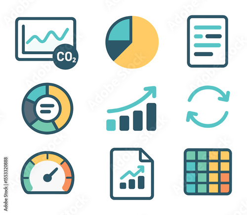Digital Analytics Icons. Flat icon set of digital dashboard analytics: carbon graph, emissions pie chart,