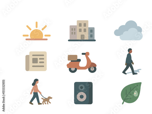 Urban Morning Icons. Flat icon set of urban morning café ambiance: early sunlight icon, city street background