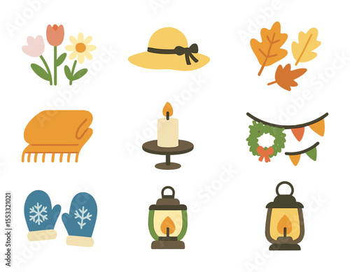 Seasonal Café Icons. Flat icon set of café seasonal decor: spring flowers, summer sun hat, autumn leaves,