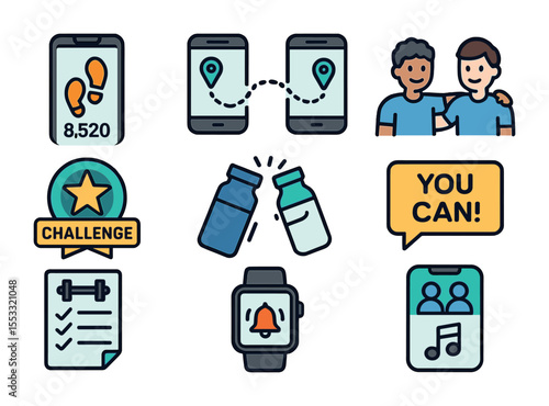 Fitness Icon Set. Flat icon set of fitness encouragement between friends: step tracker app, shared running