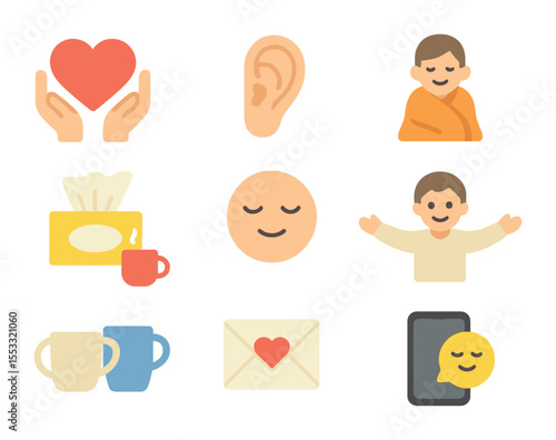 Emotional Support Icons. Flat icon set of emotional support symbols: heart with hands, listening ear, comfort