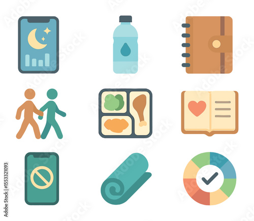 Wellness Habit Icons. Flat icon set of wellness and habit encouragement: sleep tracker app, hydration reminder