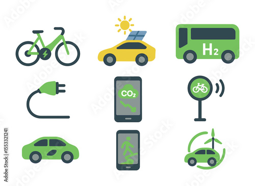 Eco Transport Icons. Flat icon set of eco-friendly transportation: electric bike, solar car, hydrogen bus,