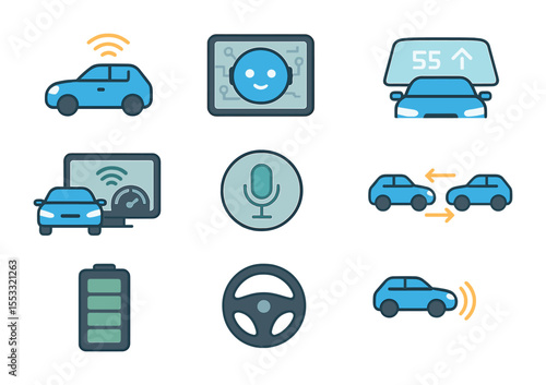 Next-Gen Vehicle Icons. Flat icon set of next-gen vehicle technologies: LIDAR sensor, onboard AI assistant,