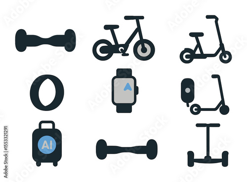 Smart Mobility Icons. Flat icon set of personal smart mobility devices: hoverboard, one-wheel scooter,