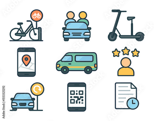 Shared Mobility Icons. Flat icon set of shared mobility services: bike rental stand, carpool icon, scooter