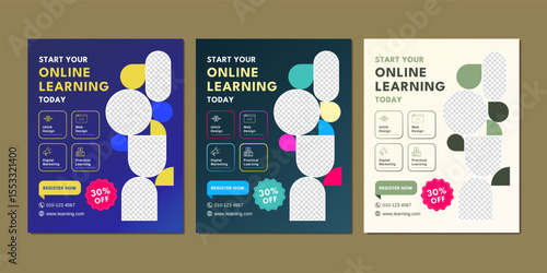 Colorful and modern social media post templates for promoting online learning courses. Includes editable photo placeholders and icons.