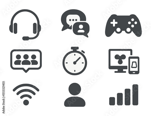 Online Gaming Icons. Flat icon set of online multiplayer gaming: headset with mic, team chat bubble, game
