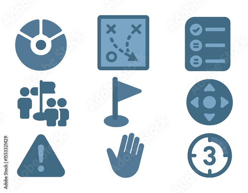 In-Game Tool Icons. Flat icon set of in-game teamwork tools: ping wheel, tactical map, objective tracker,