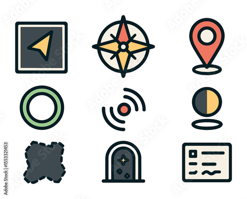 Multiplayer Map Icons. Flat icon set of multiplayer maps and navigation: mini-map icon, compass rose, waypoint