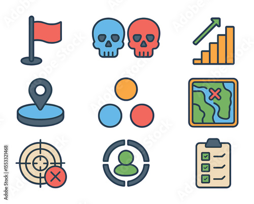Multiplayer Mode Icons. Flat icon set of competitive multiplayer modes: capture the flag icon, team deathmatch