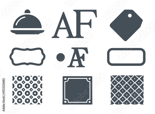 Modern Menu Icons. Flat icon set of menu design elements: dish icon, section divider, price tag, font sample,