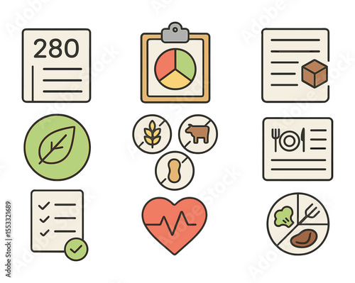 Health Nutrition Icons. Flat icon set of health and nutrition menus: calorie count chart, macro tracker, sugar