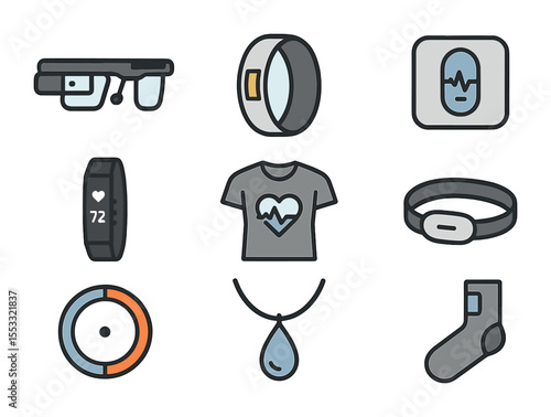 Wearable Health Devices Icons. Flat icon set of wearable health technology: smart glasses for surgery, health