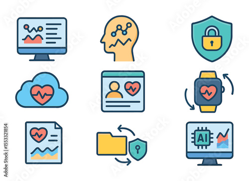Health Data Icon Set. Flat icon set of health data analytics: dashboard chart, predictive model icon, data