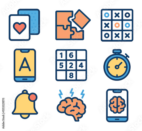 Cognitive Training Icons. Flat icon set of cognitive training tools: memory card game, brain teaser puzzle,