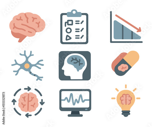 Neuropsychology Icons Grid. Flat icon set of neuropsychology of the aging brain: aging brain, cognitive test