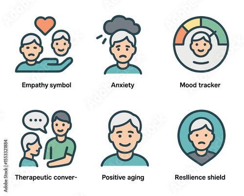 Elder Emotions Icon Set. Flat icon set of emotional changes in older adults: empathy symbol, anxiety cloud,
