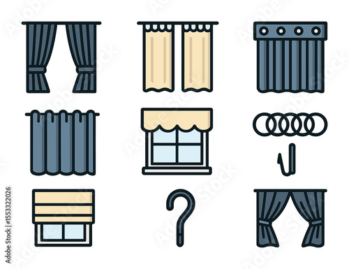 Curtain Style Icons. Flat icon set of curtain types and styles: blackout curtain, sheer curtain, pleated