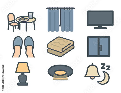 Evening Routine Icons. Flat icon set of evening apartment routine: dinner table, drawn curtains, TV turned off