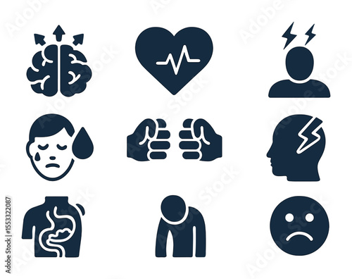 Stress Symptoms Icons. Flat icon set of stress and physical symptoms: brain under pressure, heart racing,