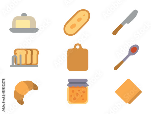 Breakfast Icon Set. Flat icon set of bread and butter setup: butter dish, baguette slice, butter knife, toast