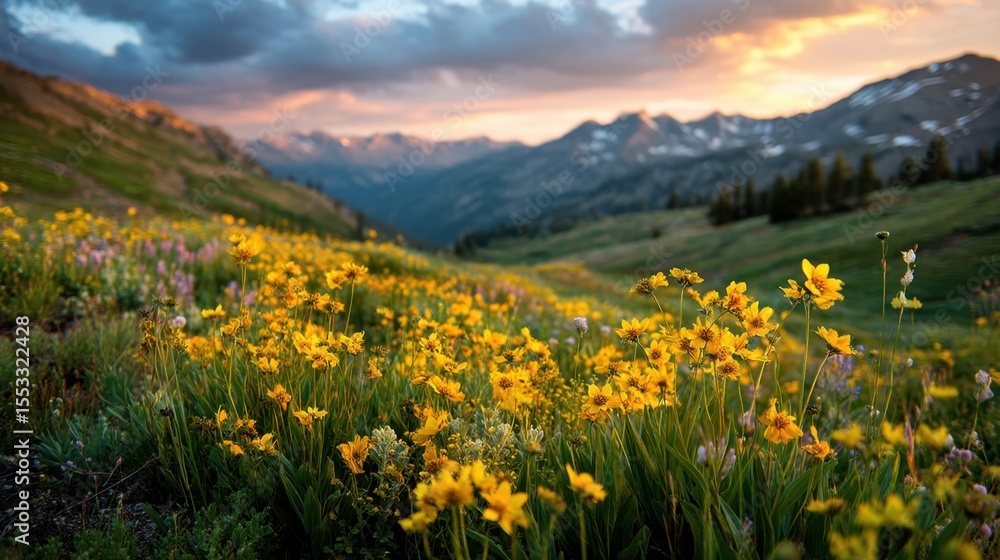 Fototapeta premium Yellow wildflowers bloom in a scenic alpine meadow at sunset