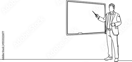 continuous single line drawing of lecturer pointing at whiteboard, line art vector illustration