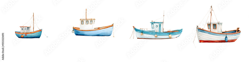 Naklejka premium Watercolor Fishing Boats: Set of Four, Isolated on White Background
