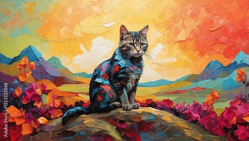 Colorful Landscape Frames Surreal Feline Form
