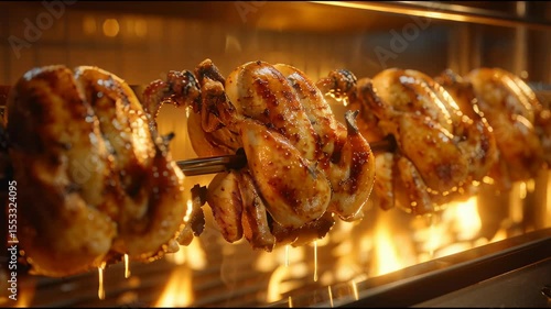 National Rotisserie Chicken Day, A golden glowing rotisserie chicken slowly rotates over the fire in a commercial rotisserie