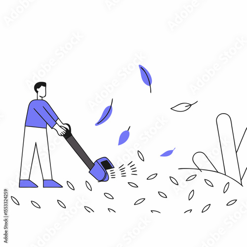 Man using leaf blower to clean yard from fallen leaves  