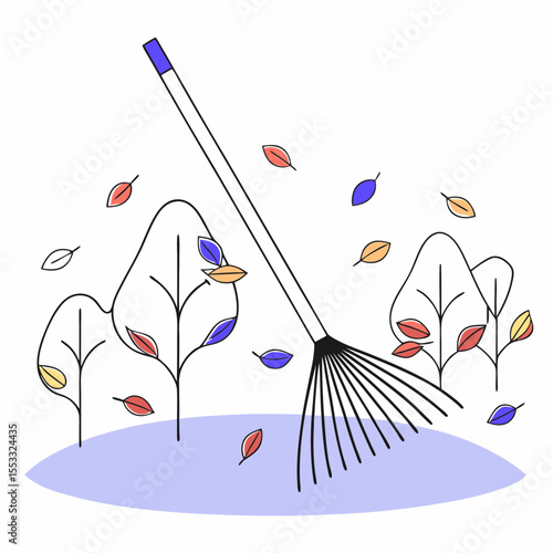 Rake gathering autumn leaves in a garden with colorful trees  