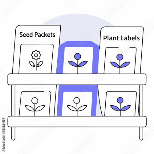 Seed packets and plant labels arranged on shelf in gardening store  