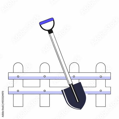 Shovel resting near wooden fence in simple illustration style  