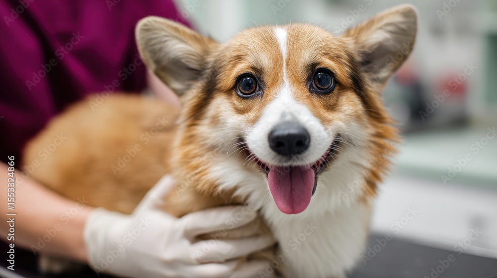 Happy corgi dog receiving care during a veterinary visit exam checkup Happy corgi dog receiving care during a veterinary visit exam checkup