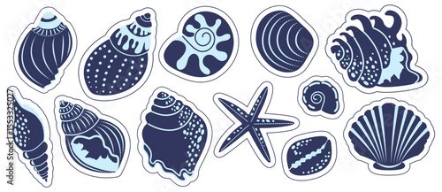 Navy blue seashell and starfish silhouettes on white background. Sea-themed collection of marine elements for summer crafts, packaging, branding, design projects, prints