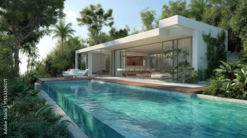 Fototapeta premium Modern, luxurious, tropical home with infinity pool. Lush greenery surrounds a contemporary house nestled in a tropical paradise