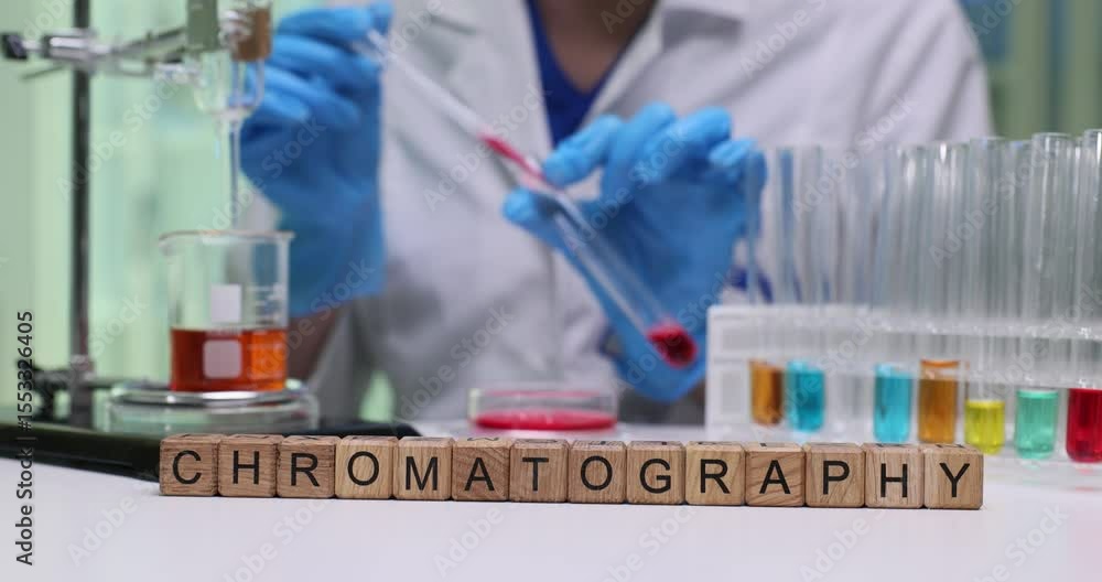 A highly skilled scientist expertly conducts chromatography in a neatly organized lab filled with colorful samples