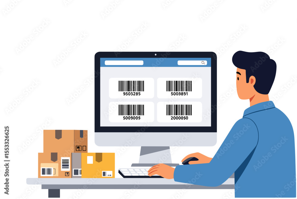 Man Working at Computer with Barcodes and Shipping Boxes Illustration for Logistics and Supply Chain Management Man Working at Computer with Barcodes and Shipping Boxes Illustration for Logistics and Supply Chain Management