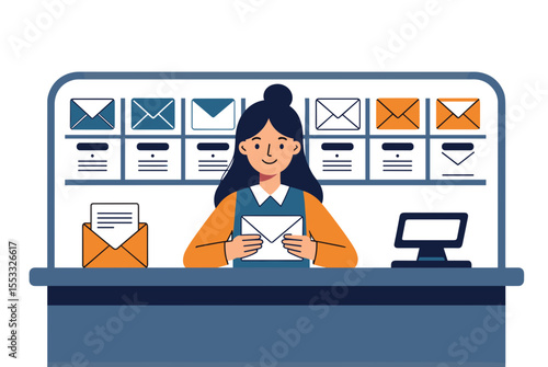 Cartoon Woman Working at Post Office Sorting Mail with Envelopes and Computer Illustration