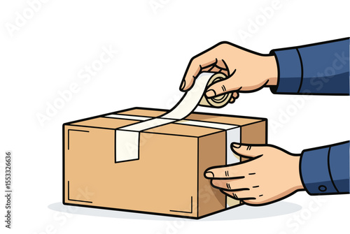 Hands Sealing a Cardboard Box with Tape Illustration for Packaging and Shipping Services